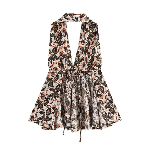 Women Halter Neck Top And Wide Leg Pants Polyester Abstract Print Deep V Neck Sleeveless Streetwear Casual