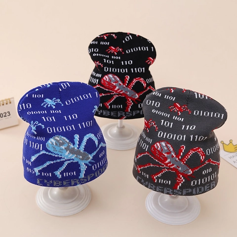 Berretto In Maglia Per Bambini Acrilico Inverno Caldo Motivo Ragno Codice Binario Jacquard Halloween Party Stile Cyber