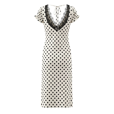 Vestido Midi De Lunares Para Mujer Con Encaje Cuello En V Mangas Abullonadas Estilo Francés Vintage Espalda Descubierta