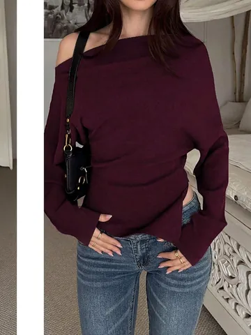 Haut En Tricot À Épaule Dénudée Pour Femme Pull Élégant Manches Longues Couleur Unie Asymétrique Froncé Automne Hiver
