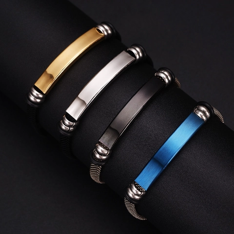 Stainless Steel Bracelet Geometric ID Plate Adjustable Metal Mesh Band Vintage Jewelry For Men Women Punk Style