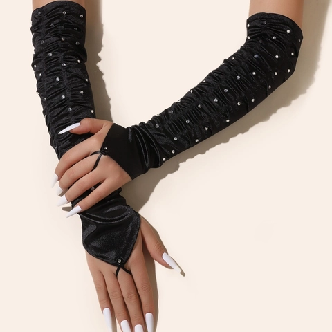 Lange Fingerlose Spitzenhandschuhe Transparentes Mesh Strass Hakenfinger Hochzeit Party Braut Elegant Damen