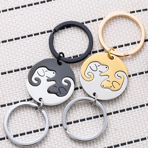 Porte-clés Chien Acier Inoxydable Yin Yang Puzzle Pendentif Sac À Dos Cadeau Complémentaire Pour Couples Amants Dessin Animé
