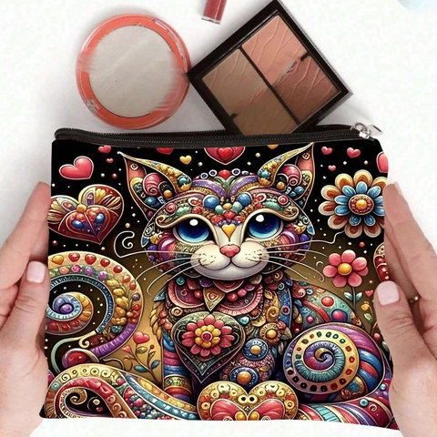 Retro Cat Print Canvas Makeup Bag Spacious Zipper Toiletry Pouch Portable Travel Organizer For Women Colorful Bohemian Style
