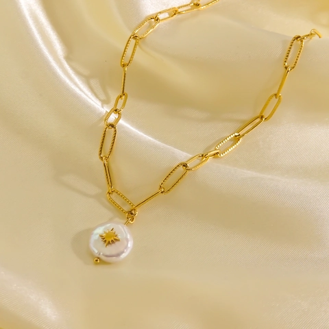 Gioielli Künstliche Perle Barocche Acciaio Inossidabile Placcato Oro 14K Catena Graffetta Collana E Βracciale Motivo Sole Stella