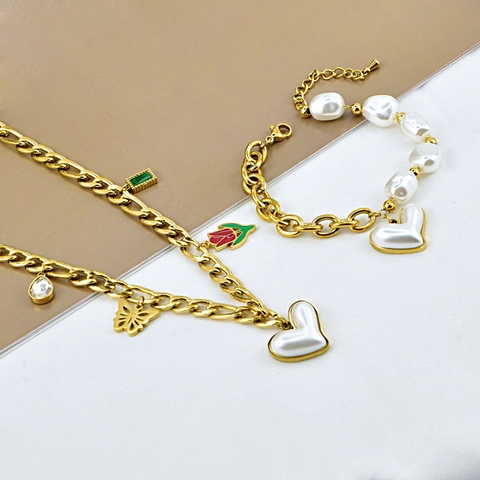 Collana Vintage in Acciaio Inossidabile Oro Con Pendente a Cuore di Perla Artificiale Smalto Tulipano Farfalla Set Gioielli Donna