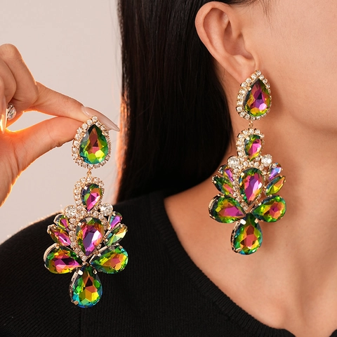 Orecchini Pendenti Fiore Goccia D Acqua Strass Colorati Rame Gioielli Con Perno In Argento Sterling 925