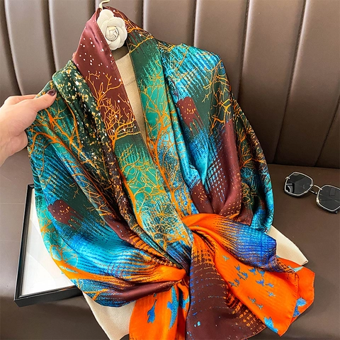 Pañuelo de Satén Vintage Estilo Chino Árbol De La Vida para Mujer Estampado Bosque Pájaro Chal Grande Suave Accesorio de Moda