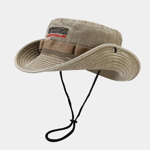 Wide Brim Bucket Hat 100% Washed Cotton Distressed Retro Boonie Hat With Windproof Rope For Outdoor Hiking Fishing Unisex
