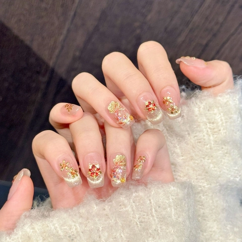 Handmade Press On Nails Chinese Style Cat Eye Gold Foil 3D Floral Square Oval Fake Nails Vintage Luxury Long Manicure
