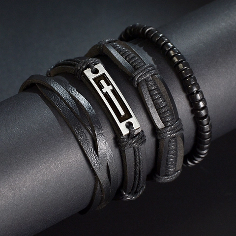 Vintage Men Braided Leather Bracelet Set Alloy Cross Pendant Black Multi-layer Beaded Wristband Punk Fashion Jewelry Gift