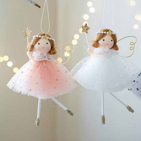 Christmas Angel Hanging Ornaments Cloth Tulle Mesh Fairy Doll With Star Wand Artificial Pearl Headband Festive Home Holiday Tree Decorations