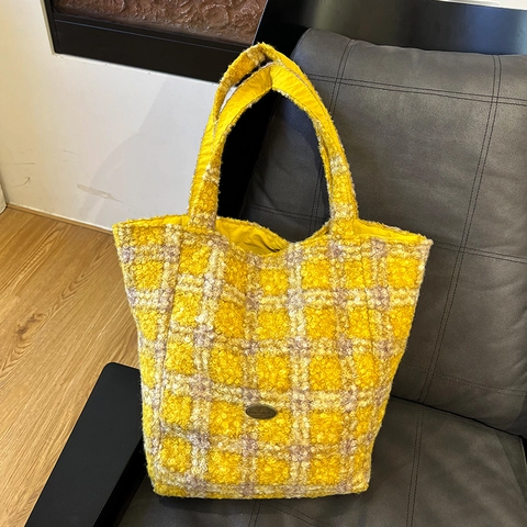 Grote Capaciteit Omkeerbare Draagtas Dames Geel Geruit Pluche Herfst Winter Mode Handtas
