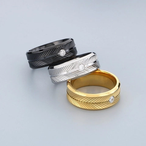 Stainless Steel Feather Pattern Ring For Men With Single Zircon Unisex Fashion Wide Band Jewelry Casual Daily Accessory