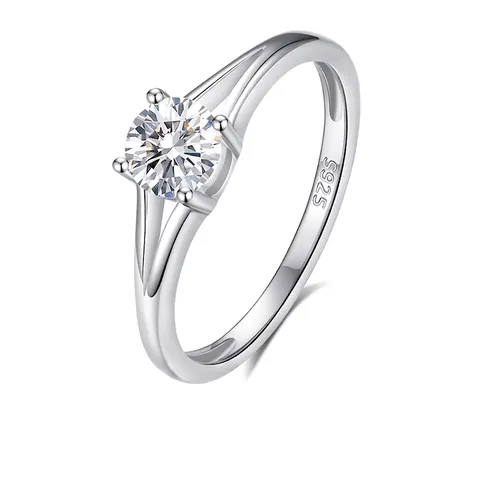 Anillo de Plata de Ley 925 con Moissanita para Mujer Geométrico Cuatro Garras Hueco Circonia Anillo de Boda Minimalista Joyería