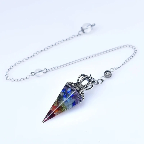 Chakra Natural Crystal Gravel Resin Pendulum Necklace Vintage Alloy Crown Hexagonal Point Healing Meditation Tool