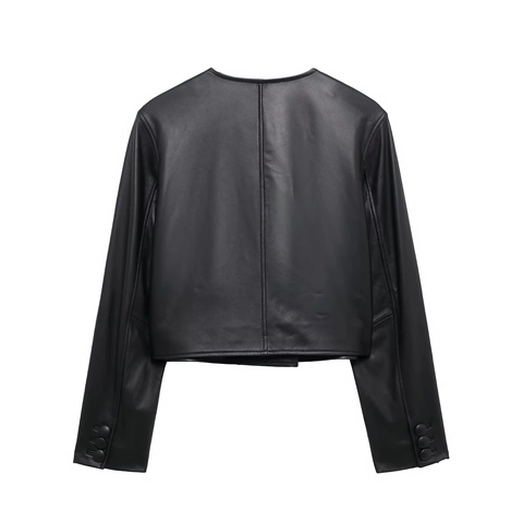 Dames PU Leren Jas Knopen Kort Jasje Ronde Hals Lange Mouwen Chic Modern Zwart