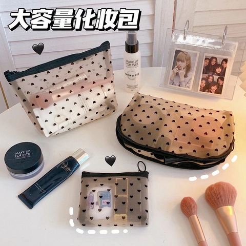 Mesh Makeup Bag Heart Pattern Nylon Cosmetic Pouch Large Capacity Portable Travel Organizer Zipper Closure Minimalist