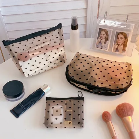 Borsa Trucco In Rete Motivo Cuore Nylon Pochette Cosmetica Grande Capacità Organizzatore Da Viaggio Cerniera Minimalista