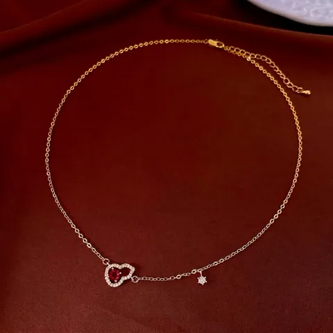 Elegante Collana Con Pendente A Cuore Rame Placcato Oro Zircone Rosso Bianco Gioielli Alla Moda Per Donna