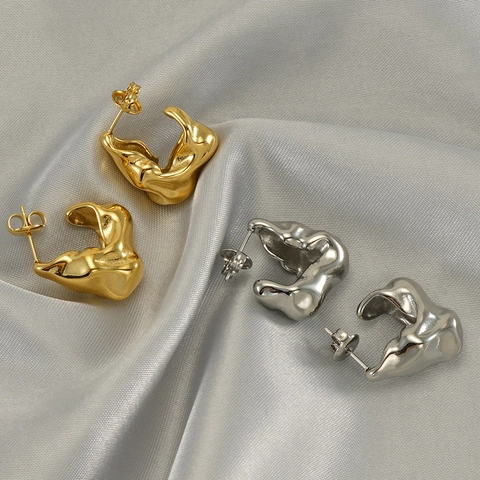 Pendientes De Forma C De Metal Fundido Irregular Acero Inoxidable Chapado En Oro De 18K Joyería Para Mujer