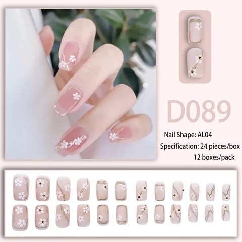 Uñas Postizas Florales Decoración De Flores Blancas 3D Perla Artificial Cuenta Dorada Degradado Rosa Estilo Francés Dulce Uñas Postizas Para Mujeres