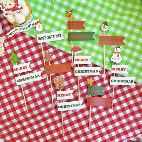Christmas Cake Toppers Santa Claus Snowman Reindeer Gingerbread Man Paper Flags Wood Sticks Xmas Party Decoration