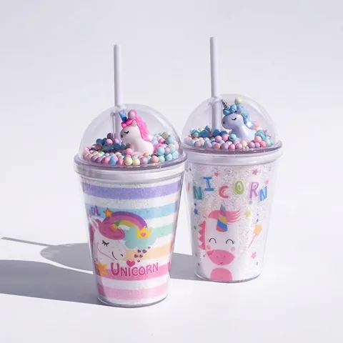 Cute Unicorn Straw Cup Double Walled Plastic BPA Free With Figurine Dome Lid Colorful Foam Balls Glitter For Kids Girls