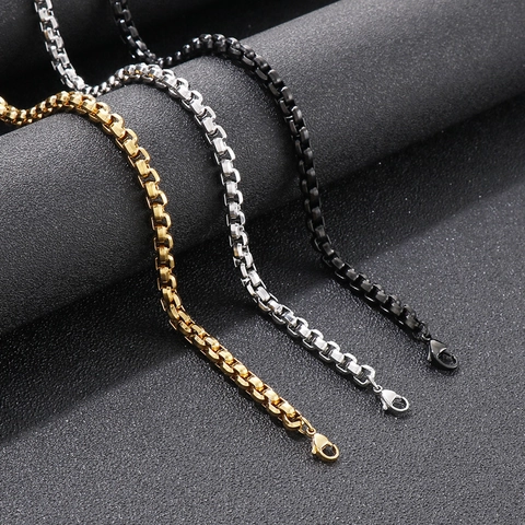 Collar Y Pulsera De Cadena De Caja De Acero Inoxidable Hombres Hip Hop Rock Minimalista Joyería De Metal Pesado Pulido