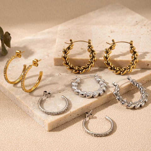 Orecchini a Cerchio a C in Acciaio Inossidabile per Donna Con Strass Pavé Trama a Spiga di Grano Placcati Oro Argento Gioielli