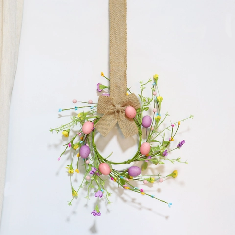 Easter Wreath Colorful Foam Eggs Paper Flowers Linen Bow Iron Wire Base Spring Festival Door Hanging Home Decor