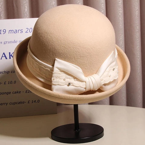 Sombrero Cloche De Lana Para Mujer Estilo Vintage Francés Con Lazo De Satén Encaje Perla Artificial Y Decoración De Pedrería