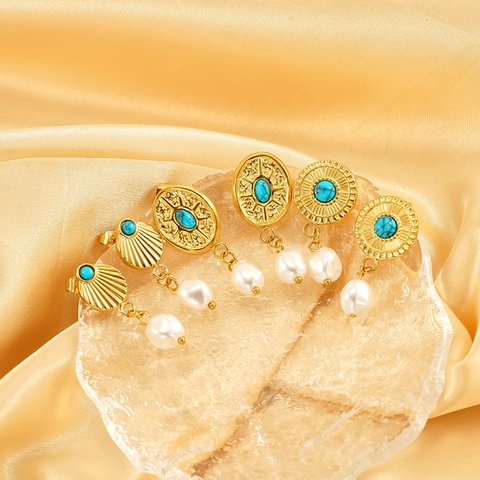 Vintage Bohemian Drop Earrings 18K Gold Plated 304 Stainless Steel Turquoise Baroque Imitation Artificial Pearl For Women