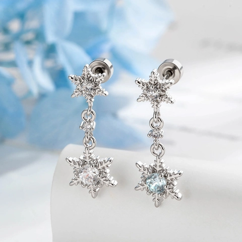 Snowflake Double Dangle Ear Cartilage Stud Copper Cubic Zirconia Piercing Helix Earring Luxury Shiny Jewelry For Women