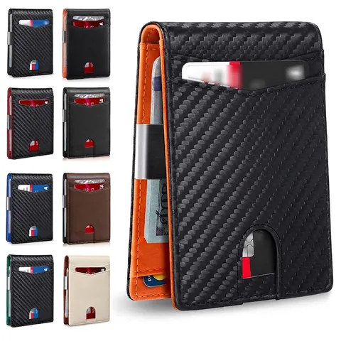 Portafoglio Bifold Sottile Da Uomo Con Blocco RFID Fibra Di Carbonio Microfibra Design Minimalista Fermasoldi In Metallo