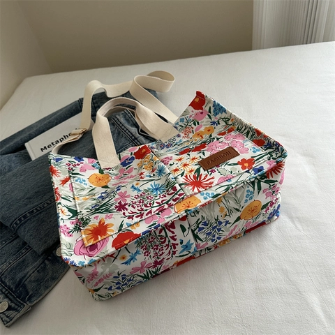 Borsa Tote In Tela Con Stampa Floreale Grande Capacità Borsa A Spalla Donna Lavoro Moda Tracolla Versatile