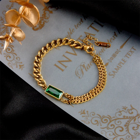 Bracciale A Catena Asimmetrica Acciaio Al Titanio Placcato Oro Zircone Rettangolo Verde Gioielli Vintage Per Donne