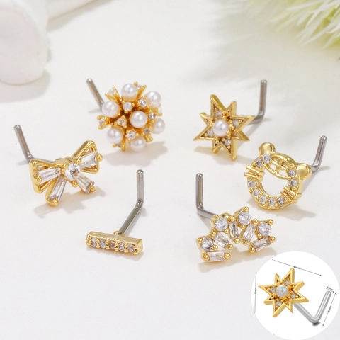 18K Gold Plated Copper L-Shaped Nose Stud For Women Zirconia Inlaid Bowknot Star Flower Body Piercing Jewelry