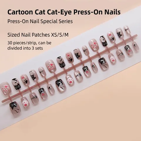 Cat Eye Press On Nägel Cartoon Katzenpfote Herz Muster Kurz T-Form Abnehmbar Süßer Stil ABS Kunststoff Künstliche Nägel