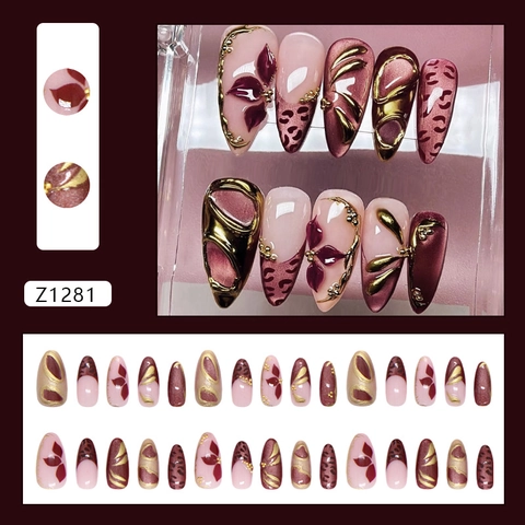 Cat Eye Aufpressnägel Retro Leopardenmuster Mit 3D Vergoldeter Blume Französischer Stil Abnehmbare Lange Mandel ABS