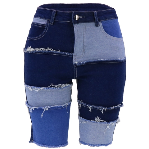 Bermuda In Denim Patchwork Vita Alta Orlo Sfilacciato Toni Multipli Blu Pantaloncini Al Ginocchio In Cotone