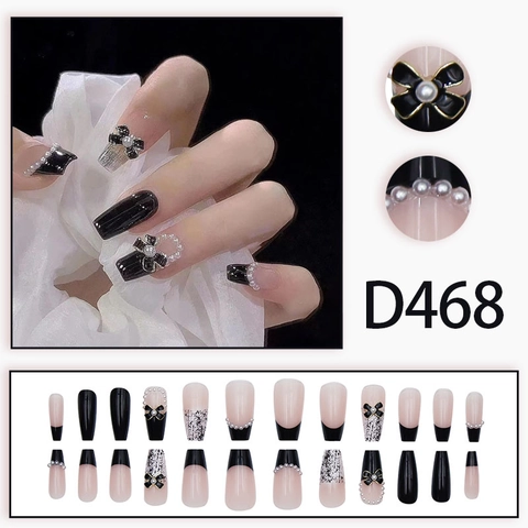 Schwarz-Weiß Französisch Press On Nails Sargform Mit 3D-Schleife Künstliche Perle Straß Harz Künstliche Nägel Für Frauen Elegant