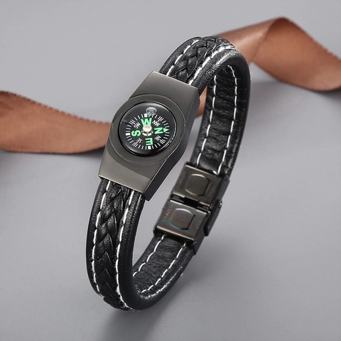 Pulsera De Brújula Para Hombre De Acero Inoxidable Y Cuero De Vaca Trenzado Joyería De Supervivencia Al Aire Libre
