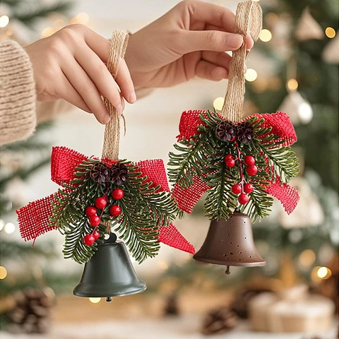 Christmas Bell Pendant Iron Ornament With Linen Bow Artificial Pine Needles Pine Cone Berry Xmas Tree Decoration Rustic