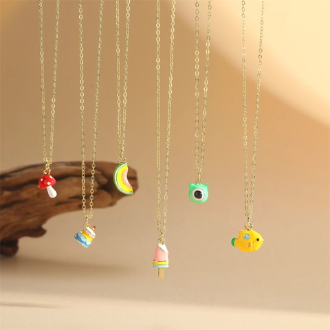 Schattige Emaille Paddenstoel Taart Ijsje Hanger Halsketting Voor Vrouwen Meisjes Verguld Koper Zirconia Cartoon Fruit Sieraden