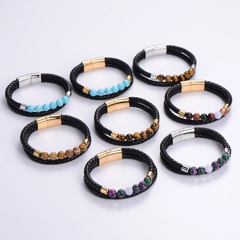 Bracelet En Cuir Tressé Pour Hommes Avec Fermoir Magnétique En Acier Inoxydable 316L Et Perles En Pierre Naturelle