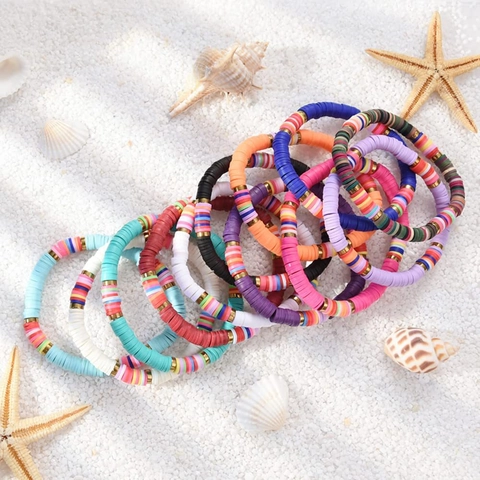 Colorful Polymer Clay Heishi Beaded Bracelets With Gold Metal Spacers And Letter Beads Summer Beach Vacation Jewelry