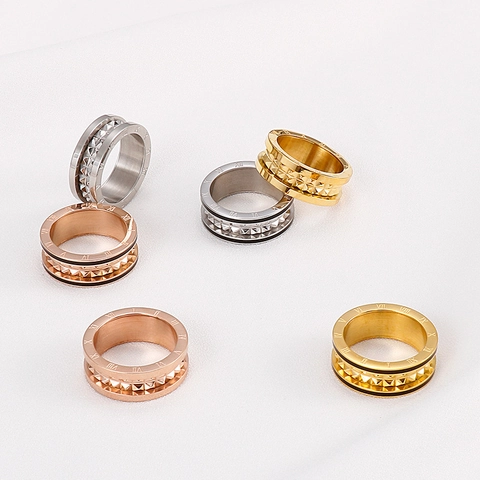 Stainless Steel Ring Roman Numerals Pyramid Studs Rivets Design Fashion Jewelry For Women 18k Gold Plated Wide Band