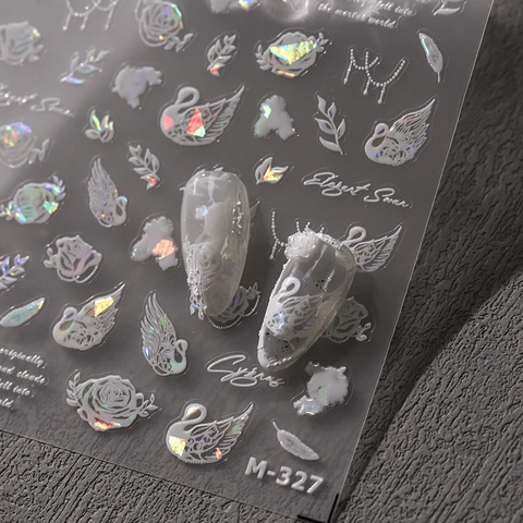 3D Relief Nail Art Stickers White Swan Rose Flower Feather Pattern Self Adhesive Ultra Thin Holographic Laser Decor