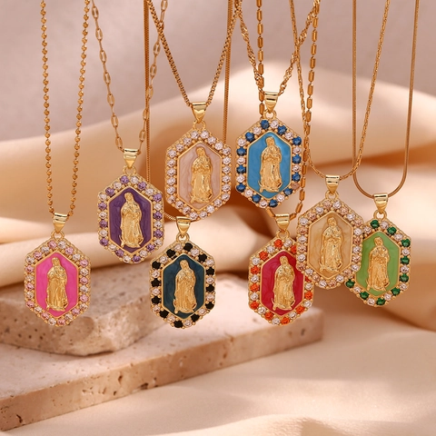 Collier Pendentif Hexagonal Vierge Marie en Acier Inoxydable Vintage pour Femmes Bijoux de Religion Strass Plaqués Or 18 carats